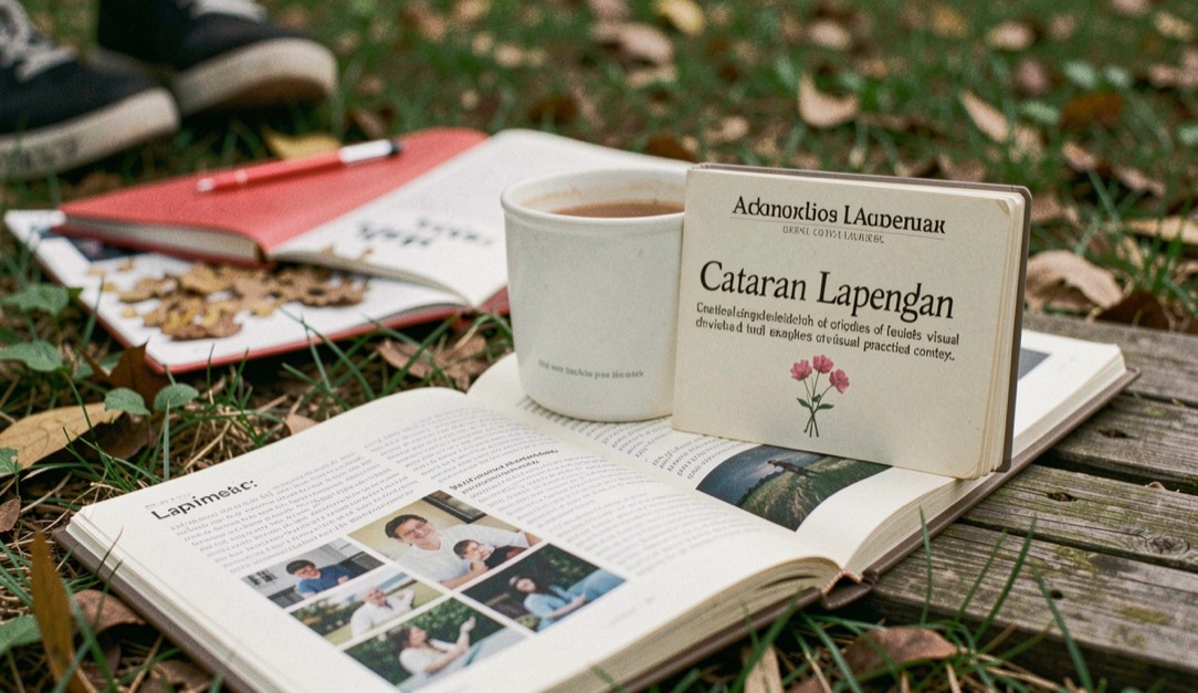 Peralatan kamera dan buku catatan di meja kerja lapangan
