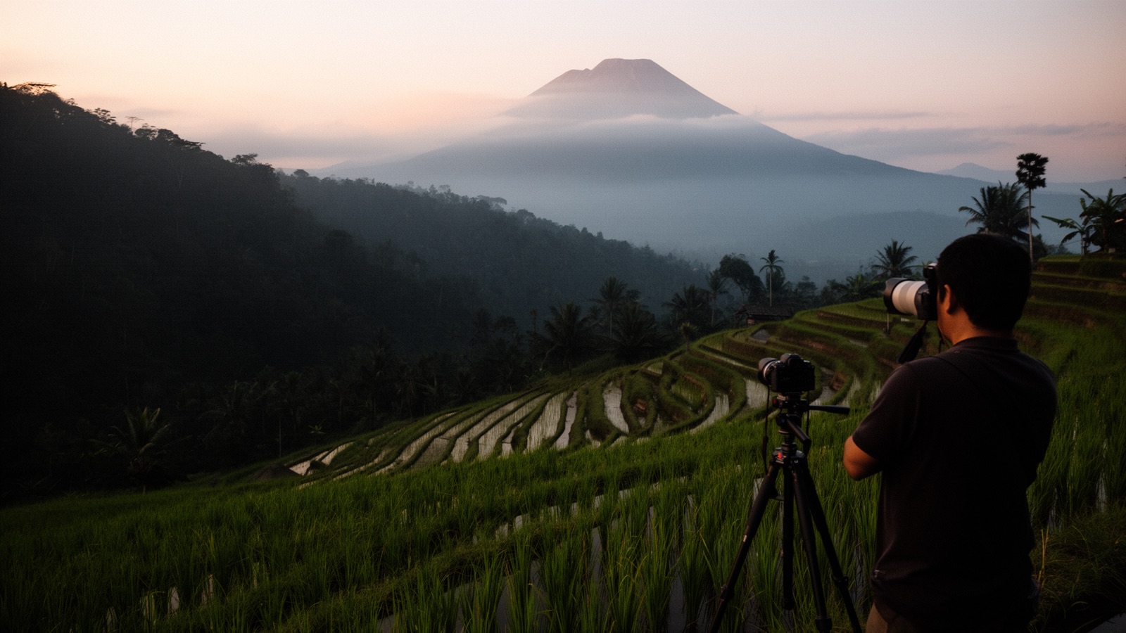 Fotografer memotret hamparan sawah bertingkat di bawah gunung berkabut saat pagi