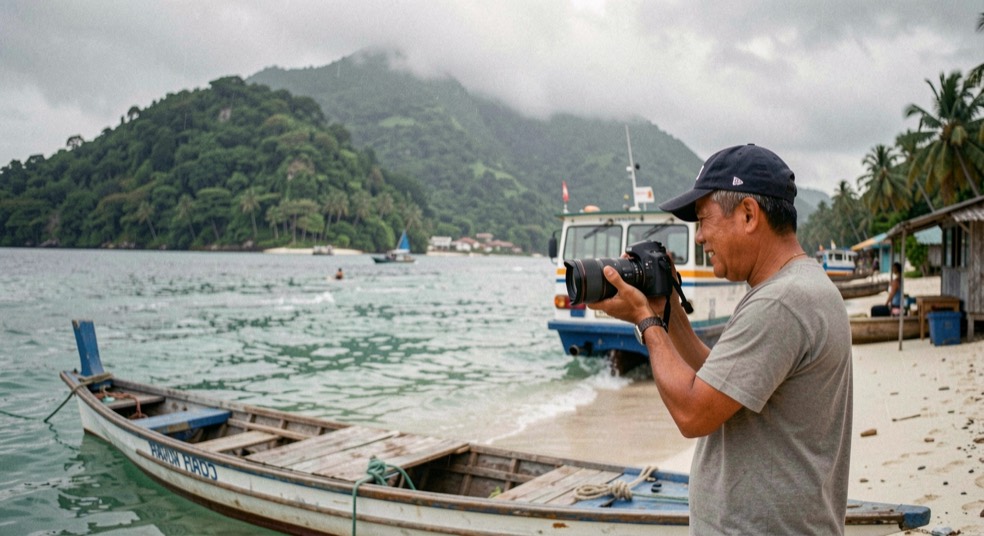 Tas kamera dan peta terbuka menunggu perjalanan menuju pulau terpencil