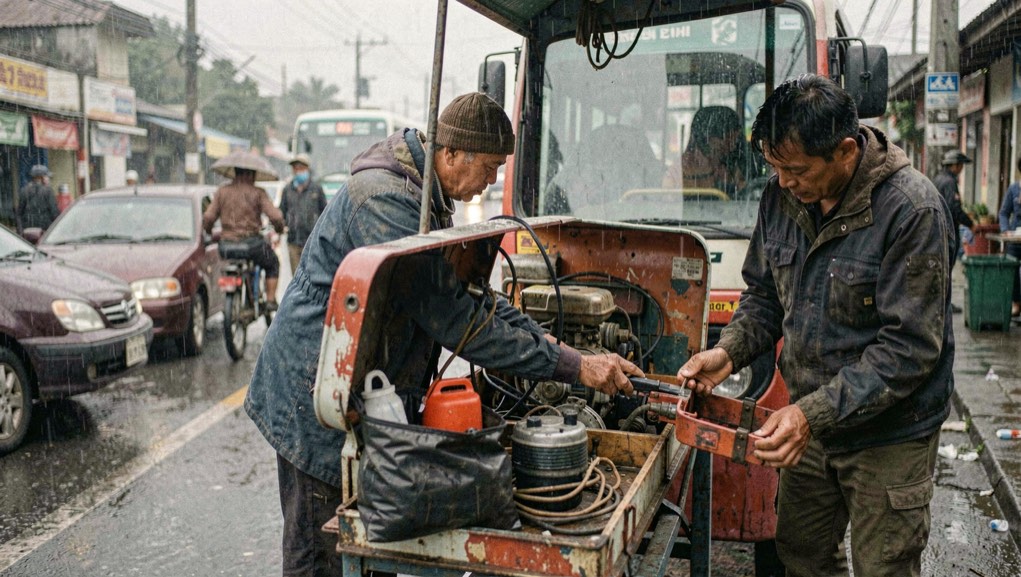 Foto editorial tentang transportasi lokal, konteks cuaca musim, dan pemeriksaan praktis peralatan cadangan